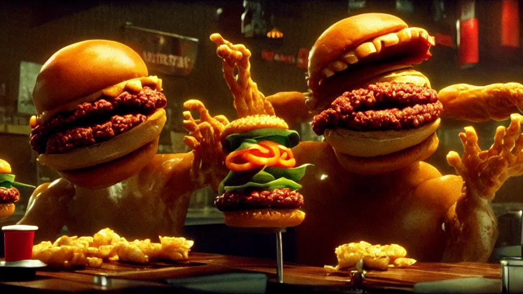 Image similar to the cheeseburger creature at the fast food restaurant, film still from the movie directed by denis villeneuve and david cronenberg with art direction by salvador dali and zdzisław beksinski, wide lens