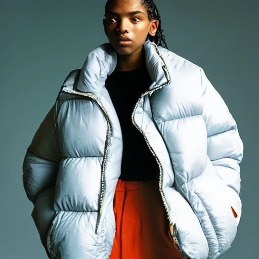 Image similar to realistic! photoshoot for a new balenciaga lookbook, color film photography, portrait of a beautiful woman wearing a puffer jacket, photo in style of tyler mitchell, 35mm