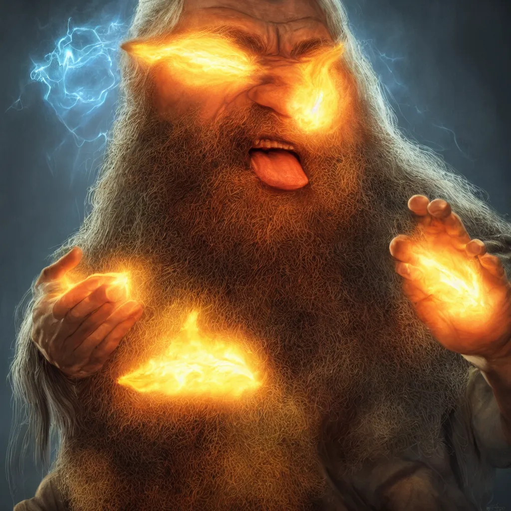 Image similar to Photorealistic cinematic close-up portrait of one angry dwarf wizard casting a fireball spell, by Larry Elmore and Steven Belledin . Magical occult photorealism, UHD, amazing depth, glowing, golden ratio, 3D octane cycle unreal engine 5, volumetric lighting, cinematic lighting, cgstation artstation concept art