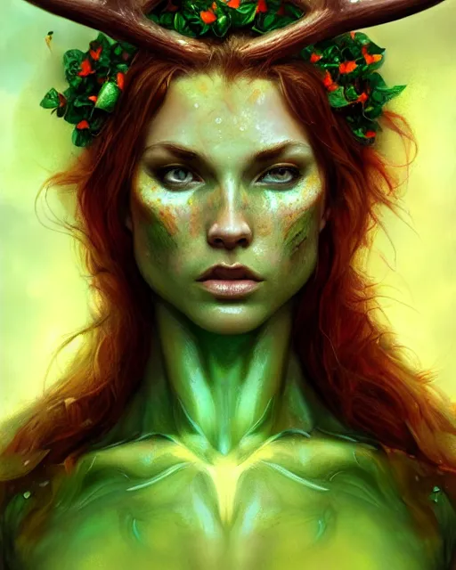Prompt: muscular female druid, perfect face, nimble antlers, green halter top, ginger hair, abs, cinematic, freckles, stunning, athletic, strong, agile, highly detailed, psychedelic, digital painting, artstation, smooth, hard focus, illustration, art by jessica rossier and and brian froud