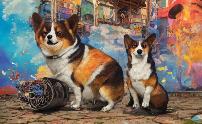 Prompt: beautiful anime painting of sunny hiphop solarpunk summertime chill corgi, by tim okamura, victor nizovtsev, greg rutkowski, noah bradley. trending on artstation, 8 k, masterpiece, graffiti paint, fine detail, full of color, intricate detail, golden ratio illustration