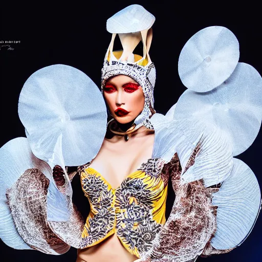 Prompt: a photo of a model wearing avant garde outfit by rocky gathercole