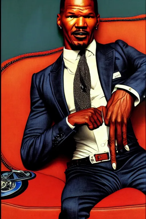 Image similar to jamie foxx by gil elvgren and norman rockwell and rob gonsalves and hajime sorayama, hyperrealistic, high detail, ultra detailed, highly detailed face, ruffled fabric