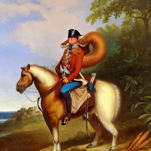 Image similar to a squirrel carrying napoleon bonaparte on its back, beach scene with flowers and foliage, detailed oil painting