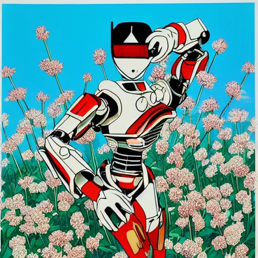 Image similar to a beautiful painting of a macular humanoid mecha power ranger in a field of flowers by hiroshi nagai and hirohiko araki, detailed line art