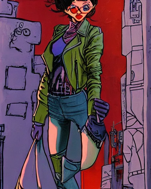 Image similar to young female protagonist in leather jacket, city street, artwork by ralph bakshi