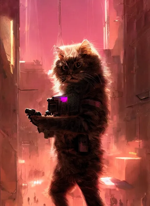 Image similar to a portrait of a futuristic cyberpunk british longhair cat soldier in war scene, epic scene, epic lighting, pink vibe, by greg rutkowski