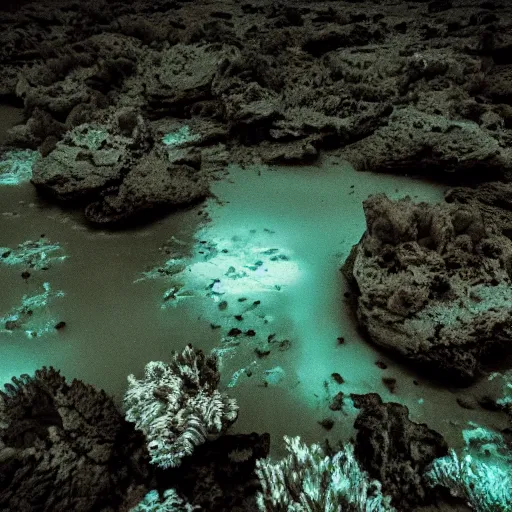 Prompt: bioluminescent, ocean floor, landscape, night, cinematic, wildlife photography, wide angle, dark