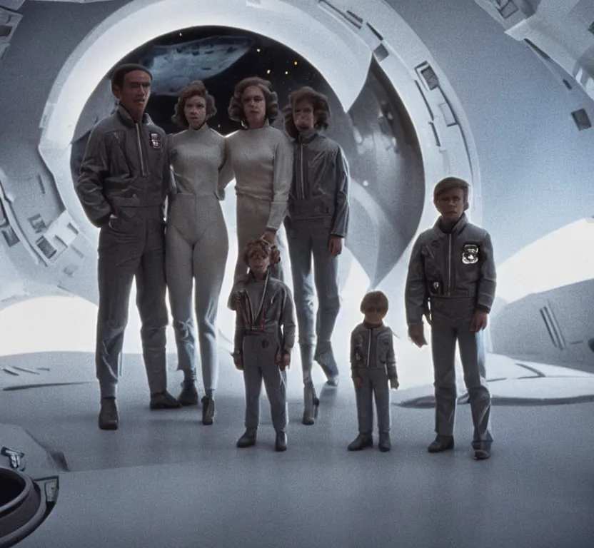 Image similar to sharp, highly detailed, film from a sci fi movie, set in 1 9 8 4, a family standing in front of their spaceship that has just landed on an alien planet, all wearing 1 9 8 4 clothes, atmospheric lighting, in focus, reflective eyes, 3 5 mm macro lens, live action, nice composition