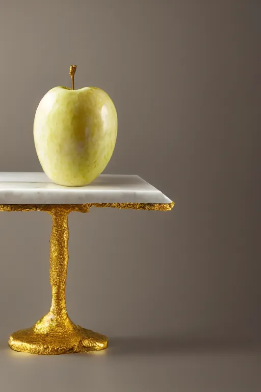 Image similar to Photo of a calacatta marble sculpture of an apple with dripping gold paint, studio lighting, high resolution, award winning.