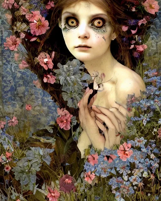 Prompt: a pretty but sinister and creepy fairy in layers of fear decoupage, with haunted eyes, bleeding, violence in his eyes, 1 9 7 0 s, seventies, delicate embellishments, a little blood, woodland, blue dawn light shining on wildflowers, painterly, offset printing technique, by walter popp, alexandre cabanel