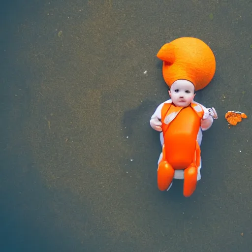 Image similar to gigantic baby wearing orange peel as a hat stands menacingly in the middle of a city, drone shot