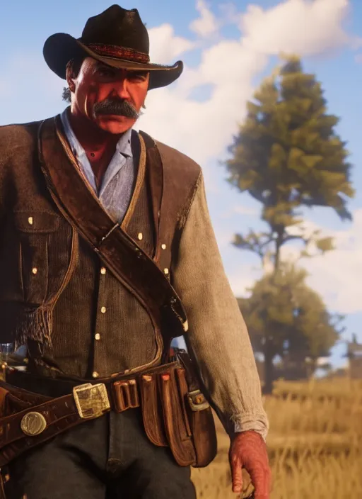 Image similar to film still of tom selleck as dutch van der linde in red dead redemption 2, gameplay, 8 k, hd