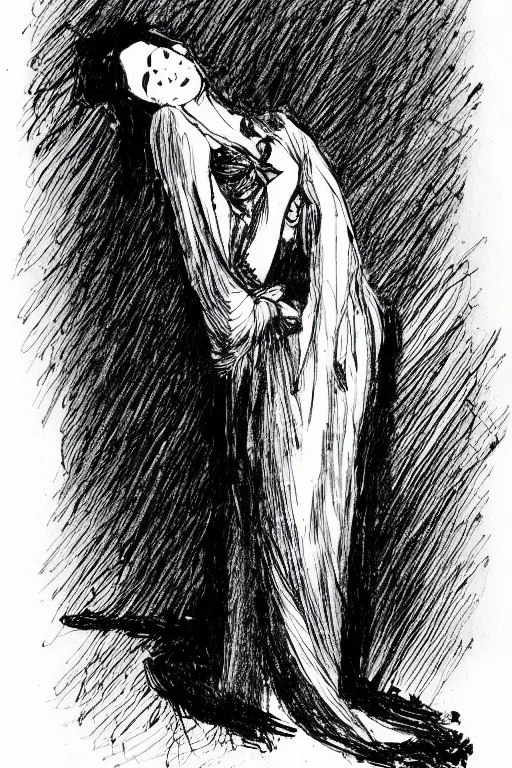 Image similar to ink lineart drawing of beautiful woman in a nightgown, white background, etchings by goya, chinese brush pen illustration, high contrast, deep black tones, contour