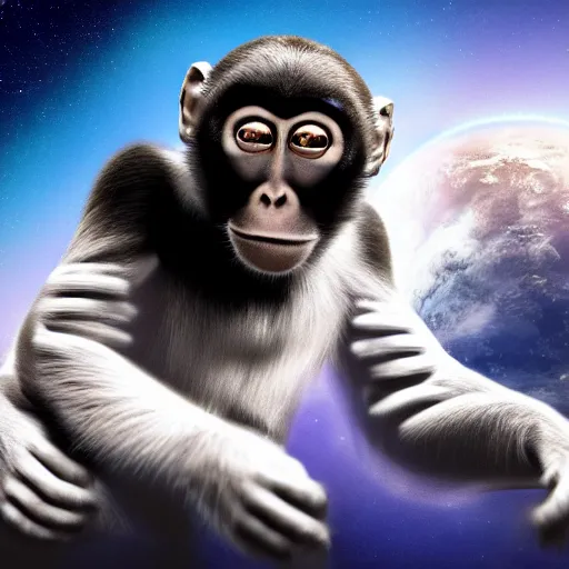 Image similar to a monkey wearing a space suite in space, 4k wallpaper