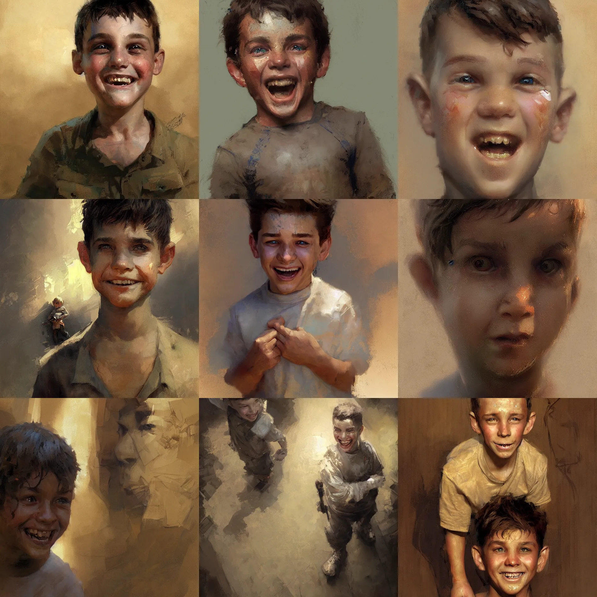 Prompt: digital art painting of a young happy boy playing around painted by craig mullins and gaston bussiere and greg rutkowski, symmetrical face, defined facial features, symmetrical facial features, dramatic lighting