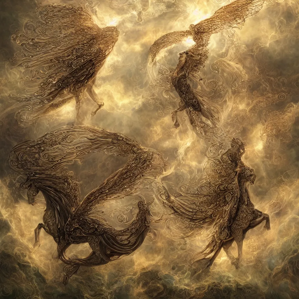 Prompt: a beautiful magestic pegasus made of magical elven intricate biomechanical terndrils and leaves and feathers and gemstones flying through a mystical sky of incence smoke and glowing embers and clouds, by George Stubbs, by donato giancola, by amanda sage, by beeple, particle effects, intricate detail, trending on cgsociety, trending on artstation, 8k 3d, high definition