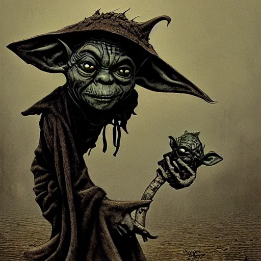 Prompt: horror goblin yoda, black blood dripping, creepy background, by john kenn mortensen and zdizslaw beksinski