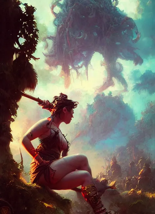 Prompt: hyper realistic photography of festival warrior curvy girl saturated colors, cinematic, vallejo, frazetta, greg rutkowski, royo, rowena morrill, juan gimenez