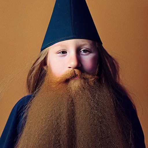 Prompt: photograph of a five year old boy wizard, beard, wizard hat by annie leibovitz, long hair