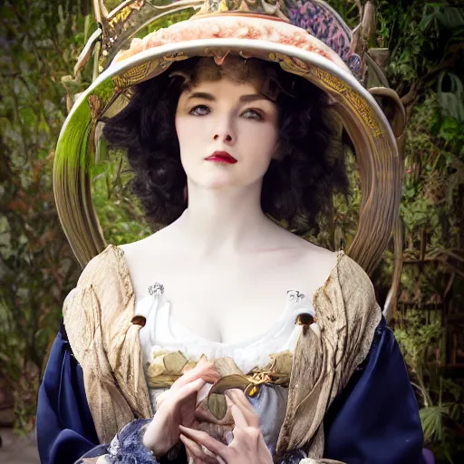 Prompt: beautiful porcelain witch woman with artnouveau garment and ornaments portrait sharp focus 8 k