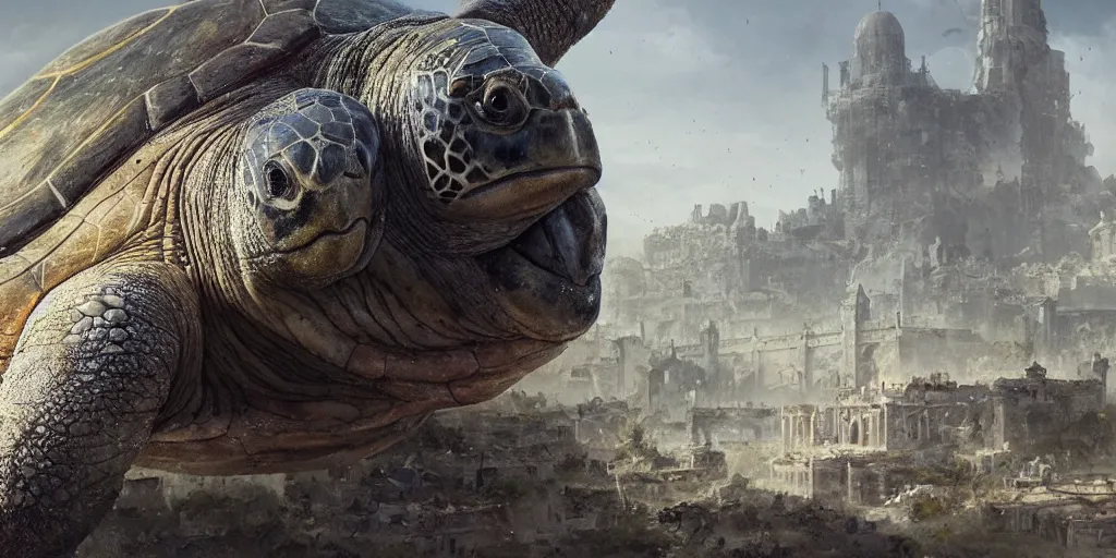 Image similar to huge ancient turtle with an abandoned city built on its shield, greg rutkowski, 8 k, shallow depth of field, intricate detail, concept art,