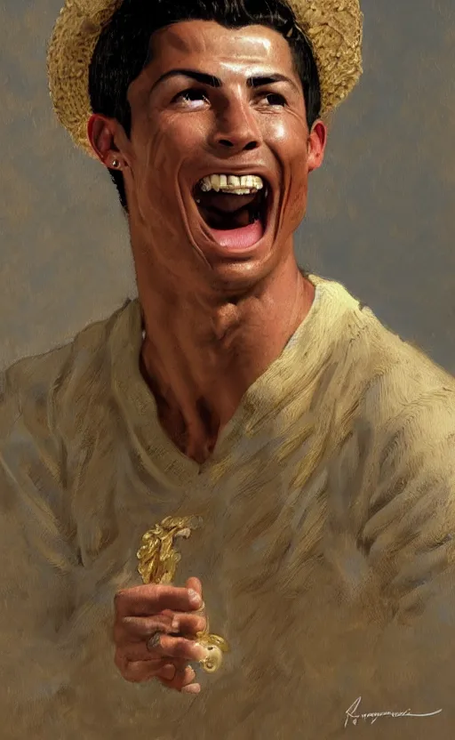 Prompt: cristiano ronaldo laughing at the camera, traditional corsican, intricate, highly detailed, pastoral, artstation, illustration, jurgens, rutkowski, bouguereau