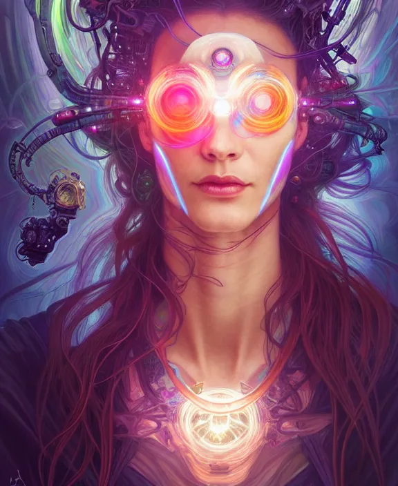 Image similar to a whirlwind of souls rushing inside the metaverse, half body, jewelry, hologram, dreads, android, cyborg, cyberpunk face, by loish, d & d, fantasy, intricate, elegant, highly detailed, colorful, vivid color, digital painting, artstation, concept art, art by artgerm and greg rutkowski and alphonse mucha