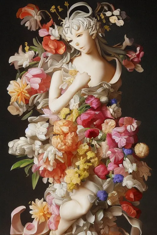 Prompt: a painting of anime figurine made from flowers and jelly, flemish baroque, neoclassicism, made of flowers