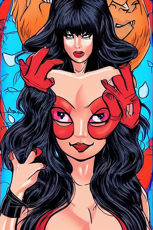 Image similar to elvira mistress of the dark archie comic 2 0 1 9 art style, trending on arstation, incredible detail, portrait, symmetric, smooth ui