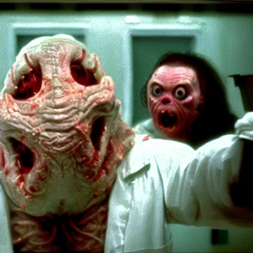 Image similar to a 35mm filmic wide shot ground level angle movie still color film photograph of a shape shifting alien creature with multiple mutated snarling drooling human faces and a grotesque variety of human & animal arms trying to grab a doctor wearing a surgical mask, in the style of a live action 1980s horror film, The Thing 1982