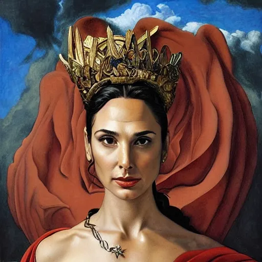 Image similar to Full body oil painting of the beautiful goddess Gal Gadot as Atenea, she is wearing roman clothes and a surreal jewelry, her hair is natural disheveled, she is approaching heaven over the clouds, naturalism, dramatic lighting, high-detailed oil painting by Ilya Repin, Michelangelo da Caravaggio, William Blake, Alex Grey and Beksinski, trending on Artsation, hystorical painting, naturalism, masterpiece, 4k, 8k,