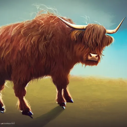 Prompt: a highland cow wearing roller skates, concept art, artstation, cinematic