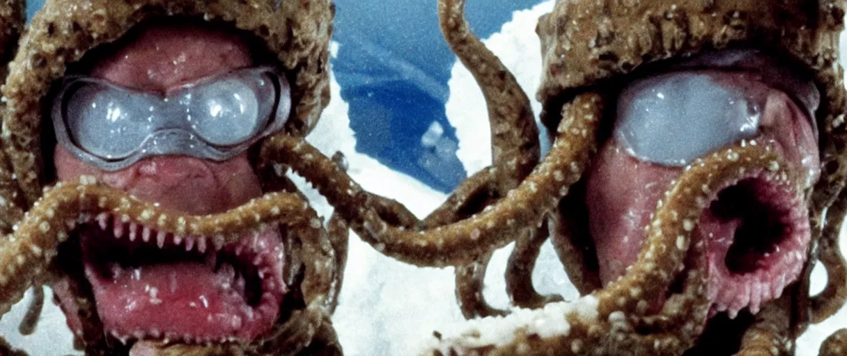 Image similar to filmic extreme close up shot movie still 4 k uhd interior 3 5 mm film color photograph of a camouflaged solider screaming being grabbed by a scientist with tentacles in a lab in antartica the thing 1 9 8 2