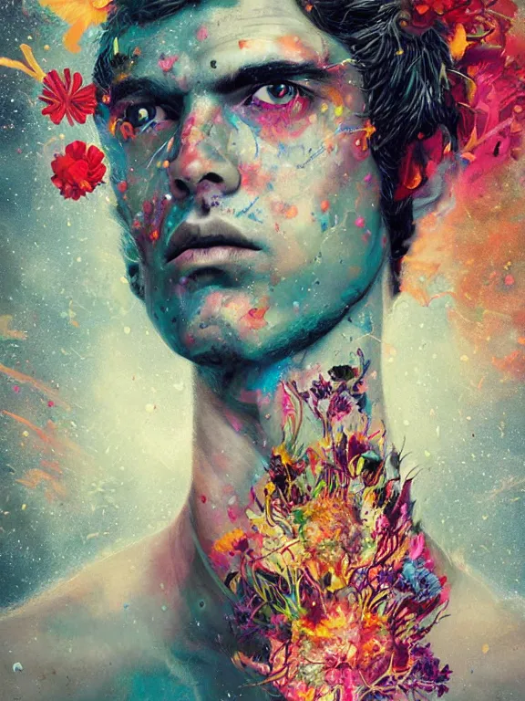 Image similar to art portrait of man with flower exploding out of head,by tristan eaton,Stanley Artgermm,Tom Bagshaw,Greg Rutkowski,Carne Griffiths,trending on DeviantArt,face enhance,chillwave,minimalist,cybernetic, android, blade runner,full of colour,