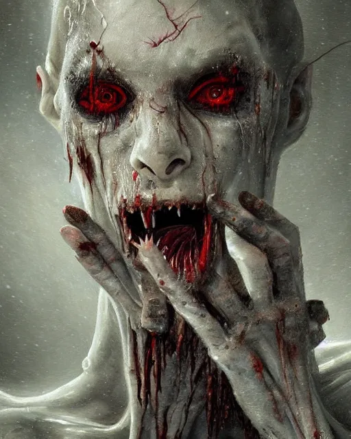 Image similar to Horrifying detailed painting of a pale, emaciated humanoid creature. It has sharp teeth and claws with pale milky eyes; snow, woods, blood; dark cinematic lighting, hyper detailed, moody; painted by Greg Rukowtski, trending on Artstation