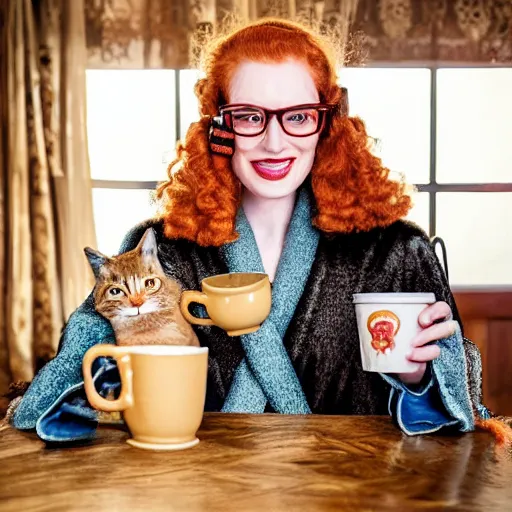 Image similar to a stunning hyper-detailed closeup portrait photo of a beautiful smiling retro-bespectacled woman with long ginger hair and bangs, wearing a luxurious robe, wearing steampunk headphones and posing with her handsome ginger tabby cat and raccoons and parrots in an overstuffed easy chair in her sunlit victorian living room, holding a coffee cup and a donut and smoking an elaborate hookah, perfect eyes, octane render, unreal engine, 85 mm lens,