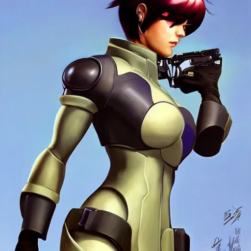 Image similar to greg manchess portrait painting of partially armored motoko kusanagi aka major as overwatch character, medium shot, asymmetrical, profile picture, organic painting, sunny day, matte painting, bold shapes, hard edges, street art, trending on artstation, by huang guangjian and gil elvgren and sachin teng