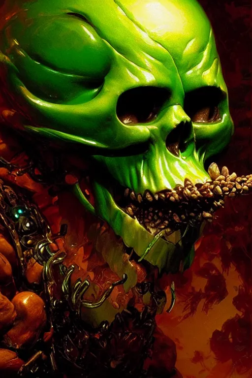 Prompt: close up of the face of a glowing green skull eating beans and laughing extremely high detail portrait dnd, painting by gaston bussiere, craig mullins, greg rutkowski, yoji shinkawa