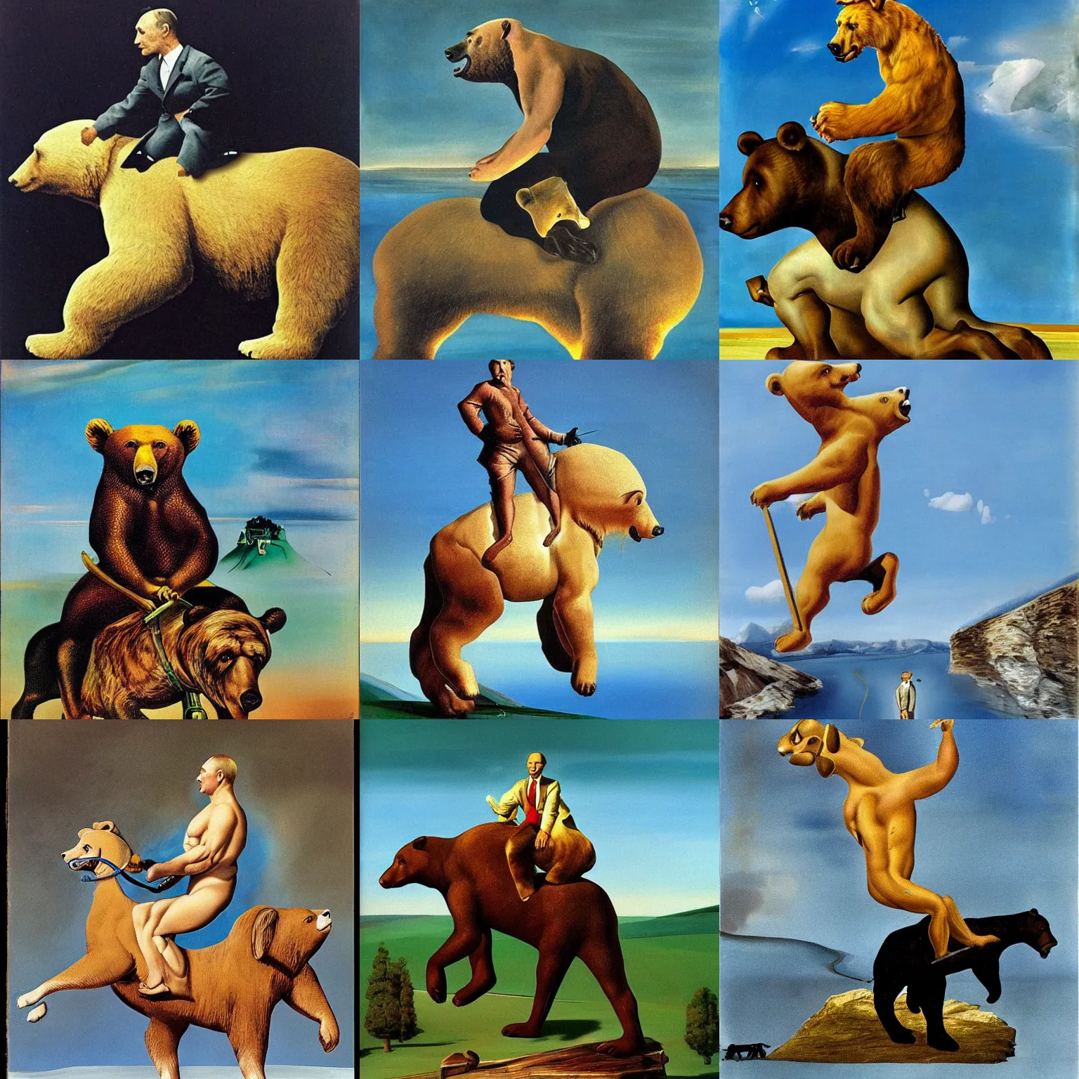 Prompt: profile putin riding a bear, art by salvador dali, surrealist