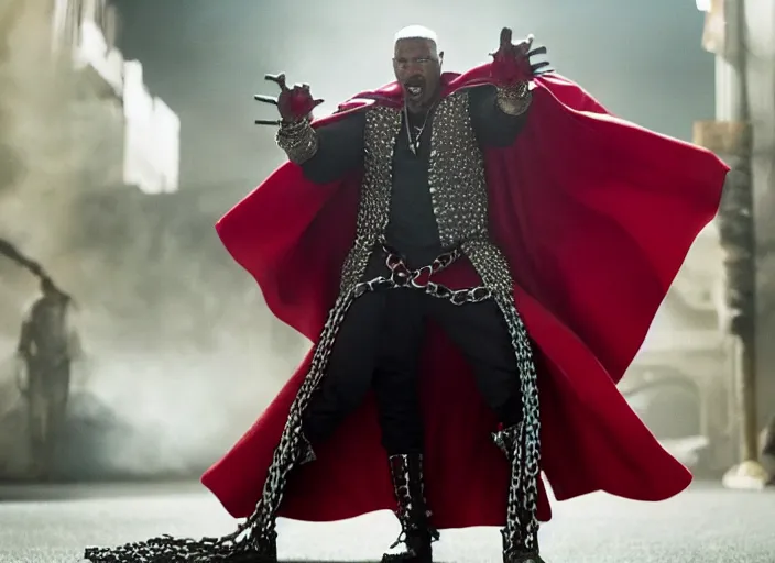 Image similar to film still of jamie foxx as spawn in the new spawn movie, giant chains, large cape, 8 k