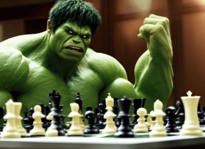 Hulk thinking next move in a chess game while touching his chin