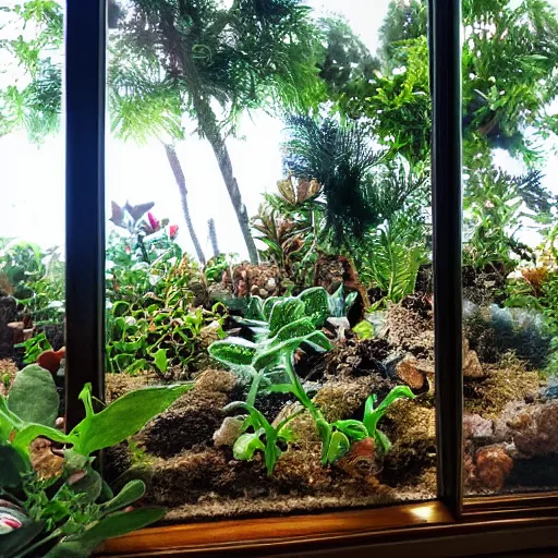 Prompt: inside a terrarium looking out