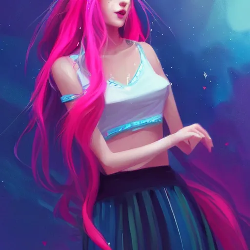 Image similar to colorful and festive captivating teenager girl with pink hair, cyan top crop, black skirt, black leggings, cute look. rich vivid colors, ambient lighting, dynamic lighting, 4 k, atmospheric lighting, painted, intricate, highly detailed by charlie bowater