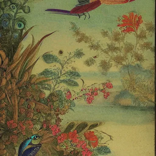 Image similar to A beautiful digital art of a bird in its natural habitat. The bird is shown in great detail, with its colorful plumage and intricate patterns. The background is a simple but detailed landscape, with trees, bushes, and a river. in Indonesia, voynich manuscript by William Henry Hunt turbulent, ornate