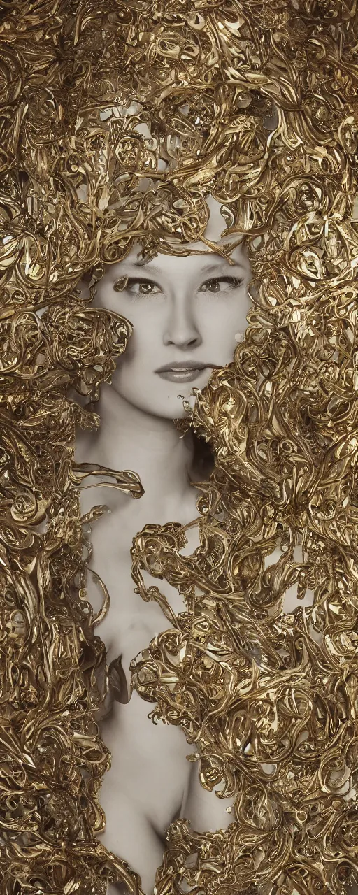 Prompt: Hyper realistic portrait of a single goddess, (gold fluid simulation in the background), Hyper realistic film photography by Yohji Yamamoto, Zeiss 50mm f1.8, Hasselblad, insanely detailed, sharp focus