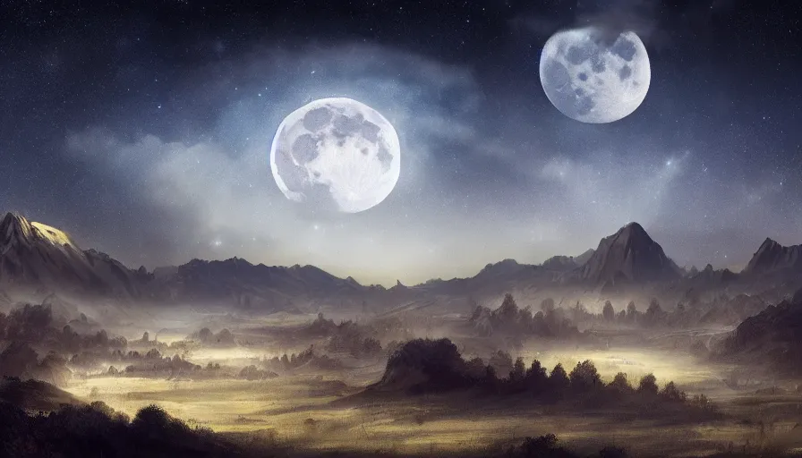 Prompt: a beautiful landscape at night, big moon on the right, stars in the sky, matte painting, very dark blue tones, high contrast, intricate details, concept art, 4 k