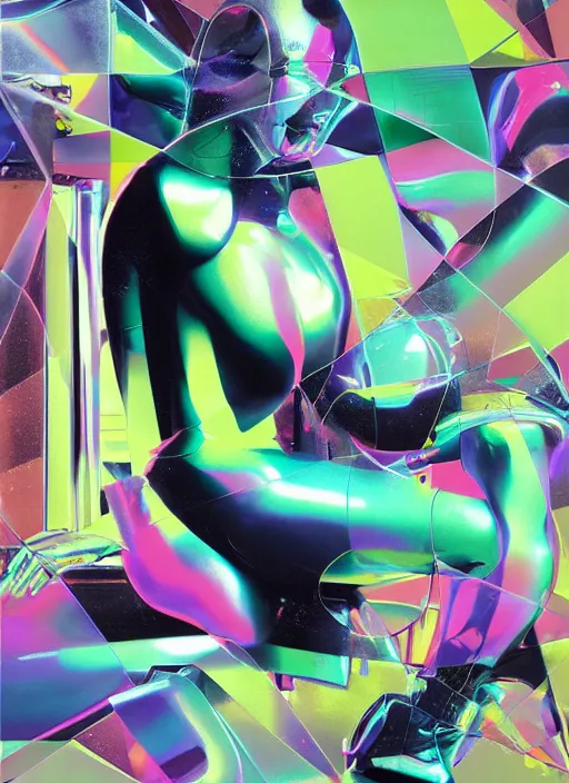 Image similar to futuristic lasers tracing, colorsmoke, fullbodysuit, pyramid hoodvisor, raindrops, wet, oiled, beautiful cyborg girl pinup, by steven meisel, kaws, rolf armstrong, cubist perfect geometry abstract acrylic, hyperrealism photorealistic airbrush collage painting, monochrome, neon fluorescent colors, minimalist rule of thirds, eighties eros