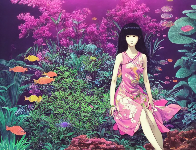 Prompt: southeast asian scifi princess in a planted aquarium, wearing a lovely dress with vaporwave elements. this oil painting by the award - winning mangaka has an interesting color scheme and impeccable lighting.