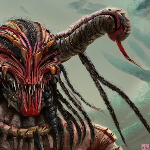 Image similar to digital paint of The Predator in an ancient Japanese town, trending on Artstation, hyperdetailed, dreadlocks